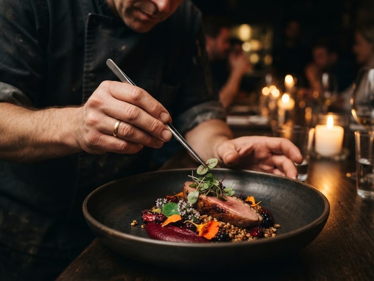 Moody editorial close-up of a chef's hands carefully placing microgreens with tweezers onto an artfully plated dish, warm candlelit background, deep shadows, 35mm.
