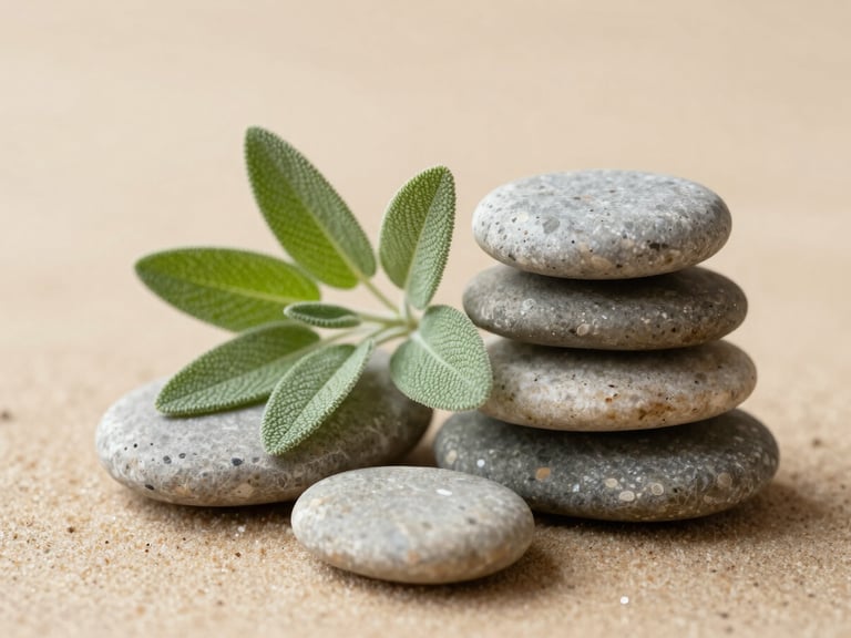 Macro detail shot of smooth grey river stones stacked gently beside a sprig of fresh sage, soft diffused daylight, warm sand background, shallow depth of field, 35mm