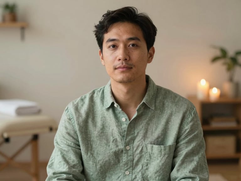 Portrait of a calm male therapist in a soft sage green linen shirt, warm candle glow, peaceful treatment room background, shallow depth of field, 35mm