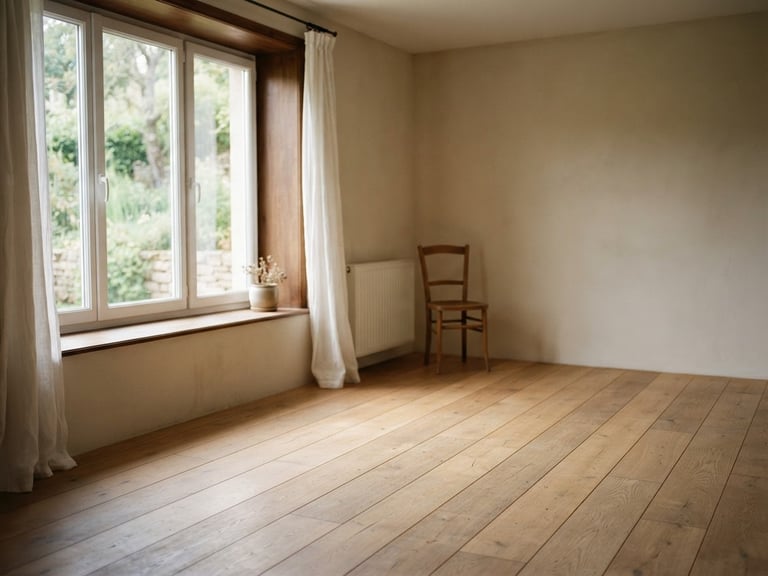 A quiet, sunlit empty room with a soft wooden floor, warm natural light streaming through a window, muted earth tones, editorial photography.