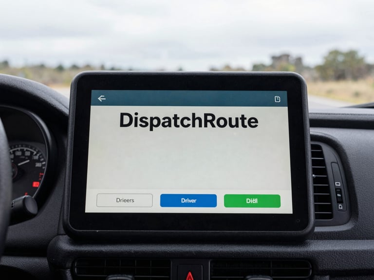 A close-up of a tablet displaying the DispatchRoute driver app on a dashboard in a delivery van, natural overcast light.