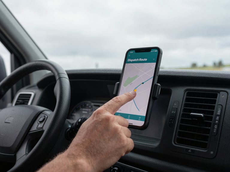 Close-up of a driver's hand interacting with the DispatchRoute mobile app on a mounted smartphone in a delivery van dashboard, natural overcast daylight filtering in.