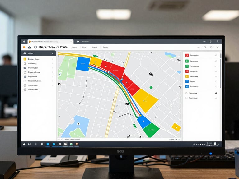 High-contrast screenshot of DispatchRoute dispatcher dashboard showing a map with colored delivery zones and optimized routes, multiple monitors in a modern, well-lit office environment.