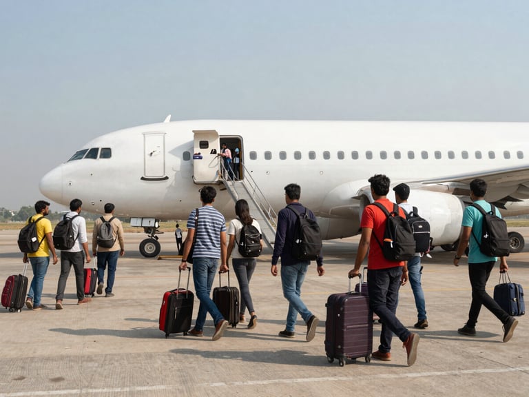 Panoramic wide shot, a group of travellers boarding a domestic flight on a sunny tarmac in India, luggage trolleys visible, natural daylight, movement and purpose in the scene, no posing