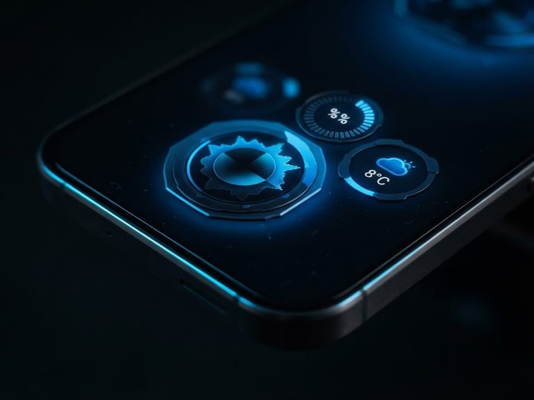 Extreme macro shot of a premium dark titanium Android phone screen displaying sharp electric blue haptic widgets, moody low-key studio lighting, neon edge reflections on glass