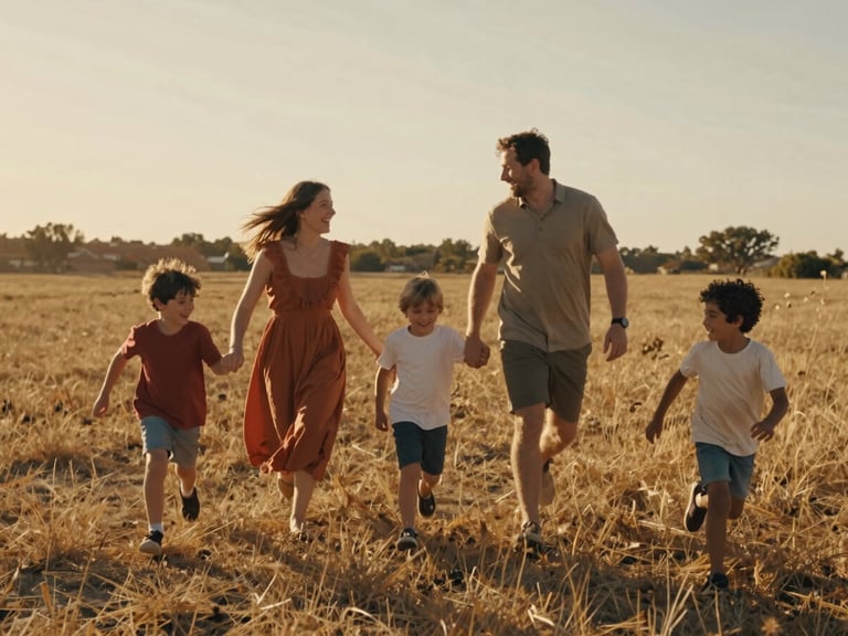 A modern family running through a sun-drenched meadow, kids laughing, warm golden light, authentic unposed interaction, cinematic 35mm style.