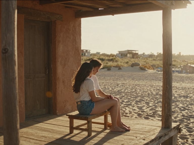A couple sharing a quiet embrace on a rustic wooden porch during golden hour, warm cinematic lighting, soft lens flare, 35mm film aesthetic.