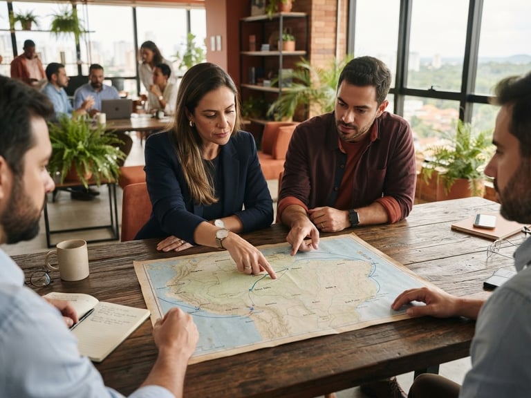 Professional editorial photography of a modern business meeting in Manaus, hands pointing at a commercial route map on a wooden table, warm terracotta accents, natural daylight