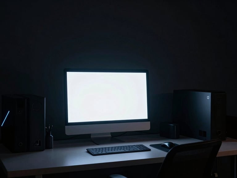 Moody architectural studio shot of a creative workspace with a glowing monitor, dramatic key lighting, high-contrast shadows.