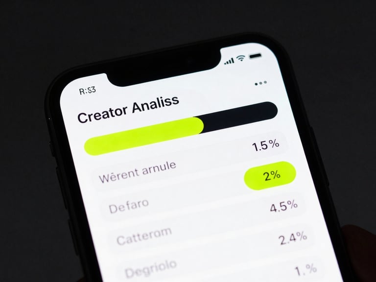 Sleek close-up of a mobile device interface displaying real-time creator analytics and matching scores, high-contrast studio lighting, deep obsidian tones with neon lime accents.