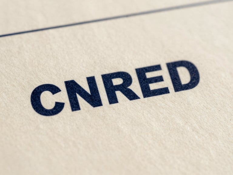 Close-up of official document with CNRED stamp on textured paper, soft natural daylight, deep navy and warm paper tones, macro lens, shallow depth of field