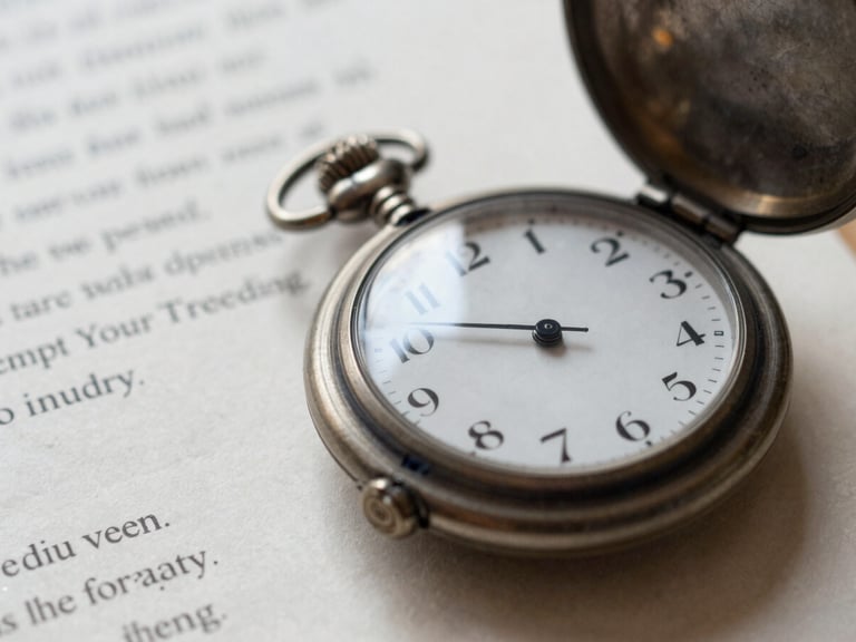 Close-up of a vintage pocket watch showing time passing quickly, next to a blurred document, soft natural daylight, deep navy and gold tones, shallow depth of field.