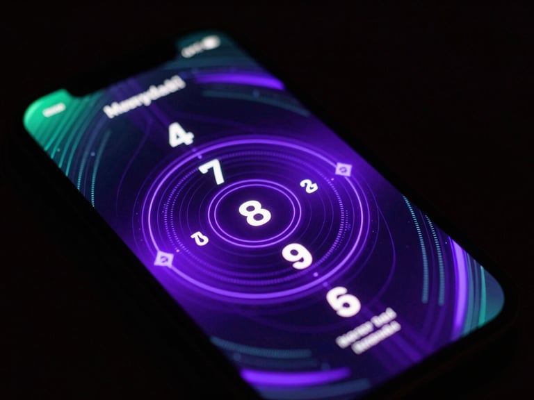 Close-up of a smartphone screen displaying a glowing violet numerology chart, with abstract data flow in the background, dramatic low-key lighting, neon backlighting, modern tech-mysticism, 35mm.