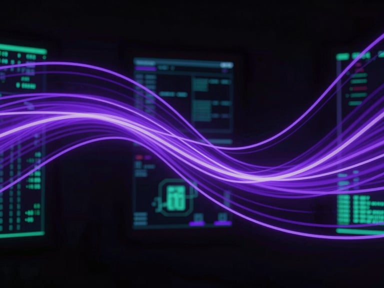 Abstract neon violet light trails representing data flow and intuition, dark background, high-contrast, modern tech-mysticism, 35mm.