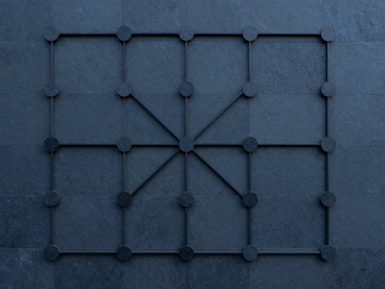 Abstract structural dependency map, interconnected nodes, deep blue tones, symmetrical composition, top-down view.