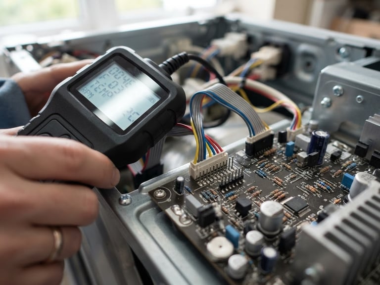 Tight macro shot of a digital diagnostic screen connected to a washing machine circuit board, bright natural daylight, sharp focus on metallic details, 35mm