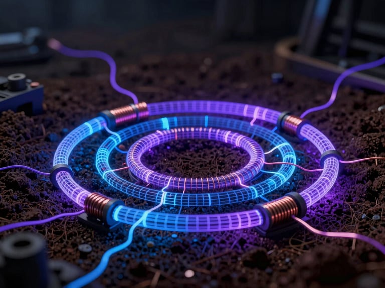 Technical diagram of subterranean current loops, wireframe overlays, electric blue and violet neon backlighting, dark-mode cyber-industrial photography, 35mm