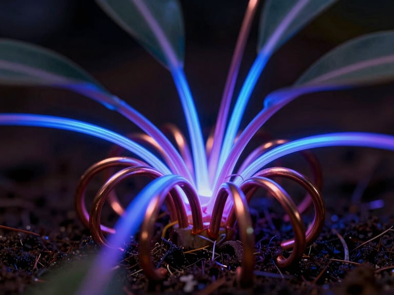 High-purity copper spirals anchored at plant base, glowing blue and purple, macro close-up, dramatic low-key lighting, 35mm