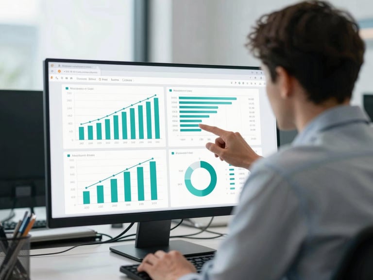 Over-the-shoulder view of a marketing strategist analyzing a clean data dashboard with teal performance charts, cool daylight, 35mm
