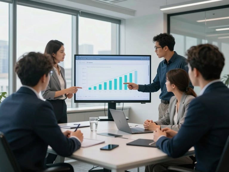A professional collaborative meeting in a modern Toronto office space, cool daylight, team reviewing search metrics on a screen, 35mm