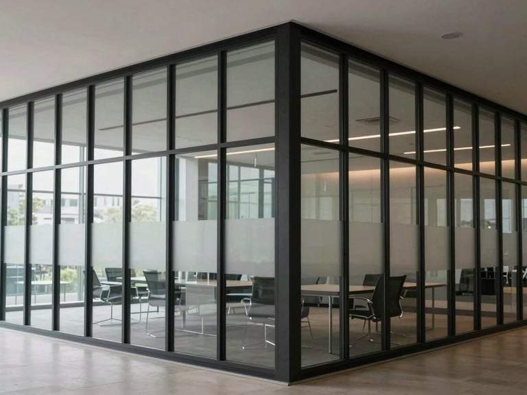 Straight-on elevation of a modular glass and steel partition wall inside a modern corporate headquarters, crisp black frames, soft diffused daylight, architectural precision.