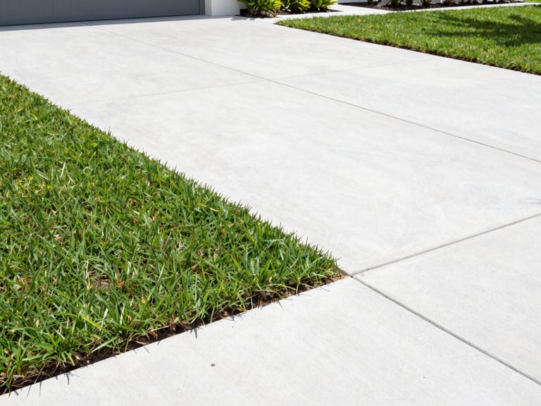 Low-angle architectural shot of a modern Florida estate lawn, razor-sharp grass edges meeting a pristine white concrete driveway under bright sunlight.
