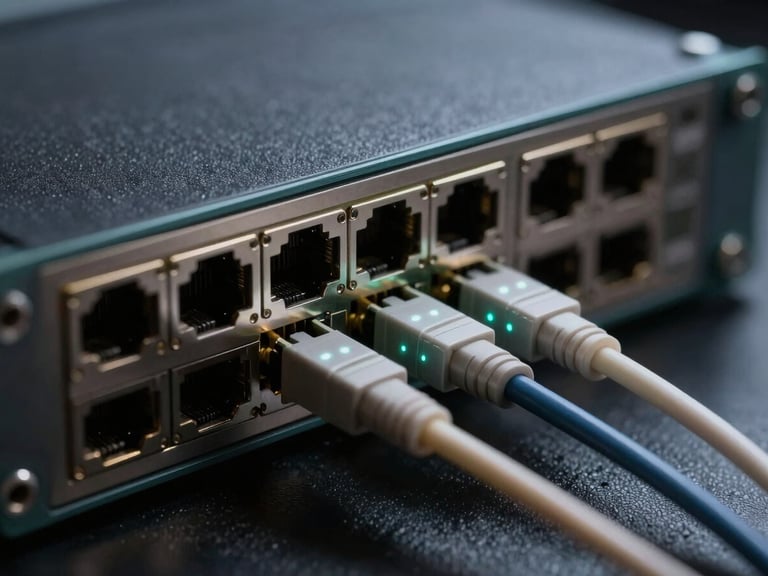 Macro shot of a high-end network hardware interface, fiber optic cables glowing with subtle cyan indicators, deep shadows, professional engineering focus.