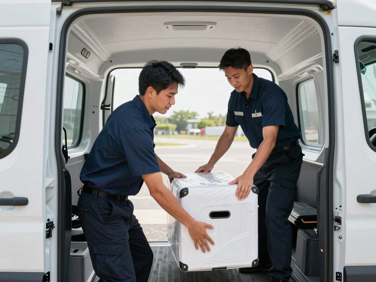 Professional team member in uniform securing cargo inside a clean fleet vehicle, medium shot, high-key indoor lighting