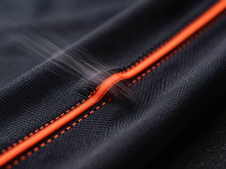 Macro close-up of high-tech athletic fabric texture, laser-cut seams, neon orange stitching, dramatic dark lighting, professional sportswear