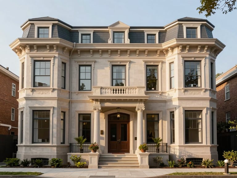 Elegant exterior facade of a period townhouse, golden hour light, well-maintained, high-end residential exterior.
