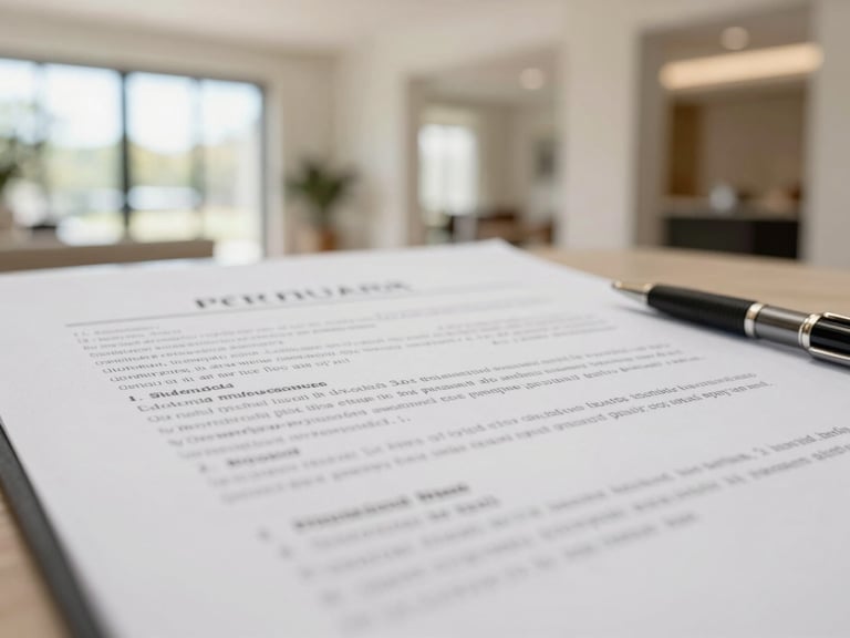 Close-up of a legal document with a pen, soft focus, natural light, warm neutral tones, no text legible.