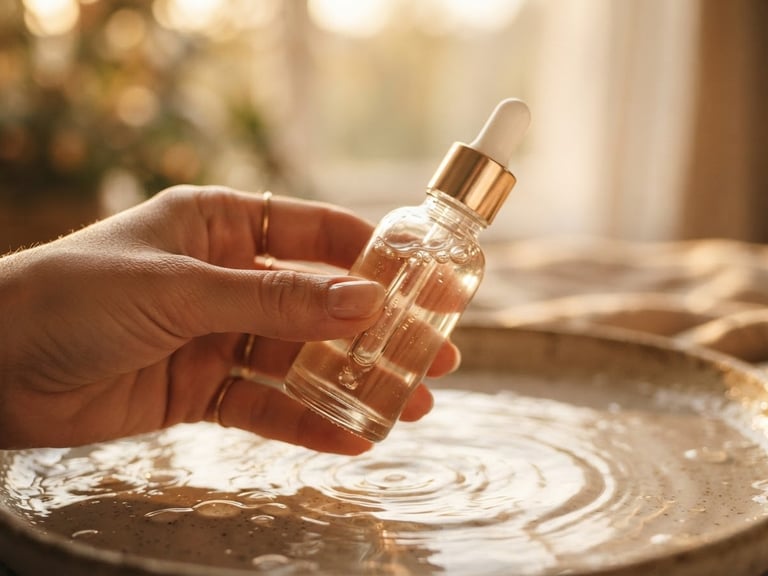 Close-up of a hand gently holding a glass bottle of serum, soft golden light, water ripples, blurred background, macro depth of field