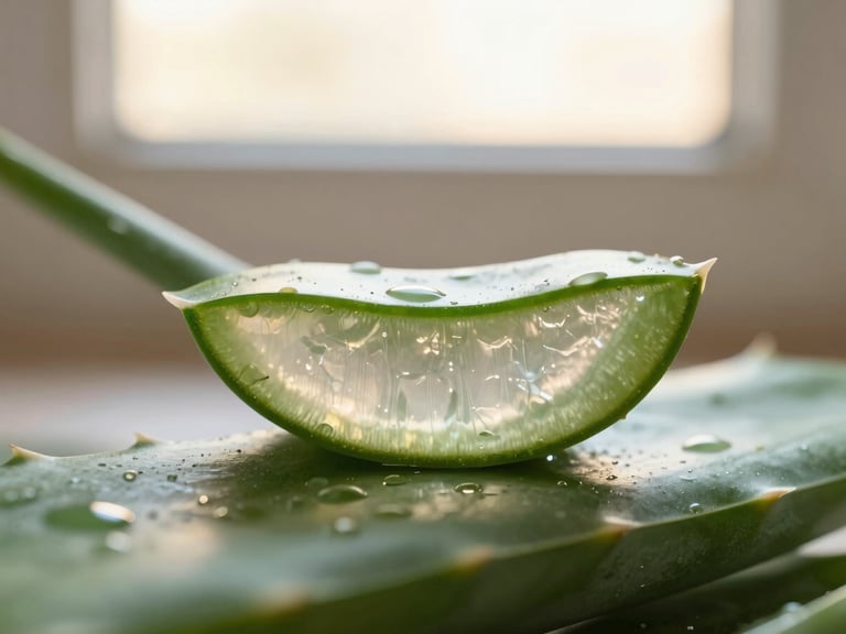 Macro close-up of a freshly cut aloe vera leaf with visible gel, dewy, under soft window light, 35mm.