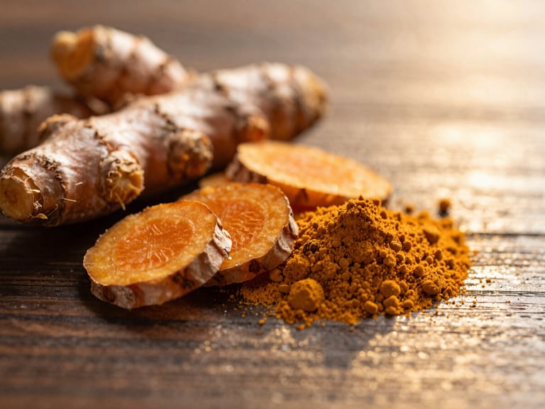 Macro close-up of fresh turmeric root slices and powder on a dark wooden surface, golden lighting, soft reflections, 35mm.