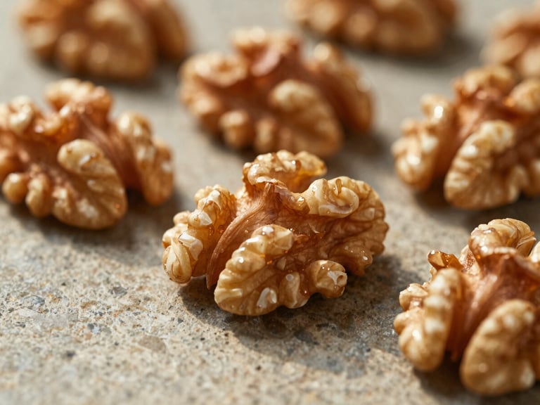 Macro close-up of crushed walnut shells on a textured stone surface, soft directional shadows, warm editorial photography, 35mm.
