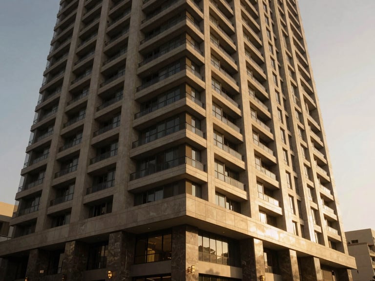 Wide sweeping architectural angle of a modern luxury building facade in Lagos at sunset, warm champagne light, deep obsidian shadows