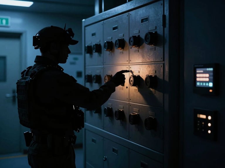 Silhouettes of secure facility interior with technical equipment, low-key dramatic lighting, cool blue and deep shadow tones, 35mm