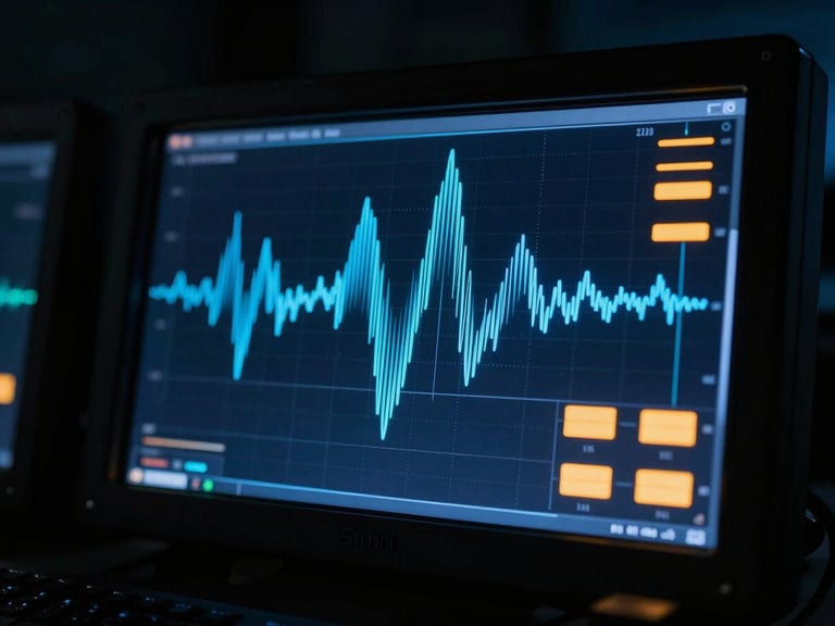 A tactical signal monitor displaying abstract vector wave patterns in a dark command center, low-key cool blue lighting, high-contrast amber indicators, 35mm