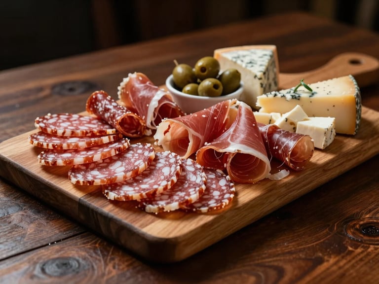 A curated charcuterie board on a dark wooden table, featuring folded salami, prosciutto, artisan cheeses, and olives, captured from a low angle with warm amber lighting.