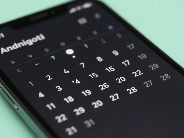 Macro shot of a high-fidelity Android device displaying a clean, dark-mode calendar interface, soft mint green accents, cool ambient glow.