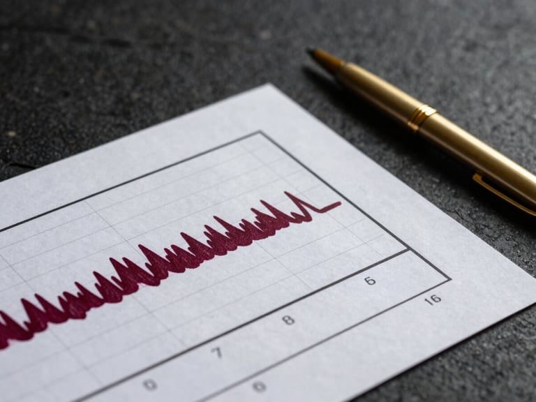 Extreme close-up of a scientific laboratory report showing a clean HPLC chromatography graph, resting on a dark textured stone table with a gold pen, moody side lighting