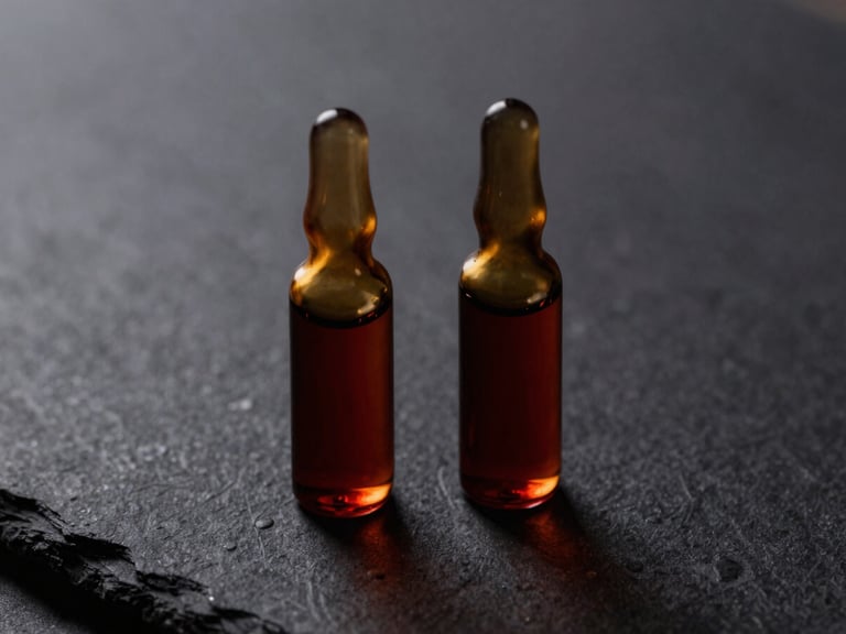 Extreme close-up of two minimalist amber vials on textured dark stone, dramatic side-lighting highlighting gold accents, moody atmosphere