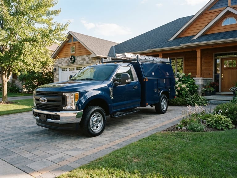 Bright editorial photo of a neat service truck parked in a clean residential driveway, sunny day, sharp focus, 35mm