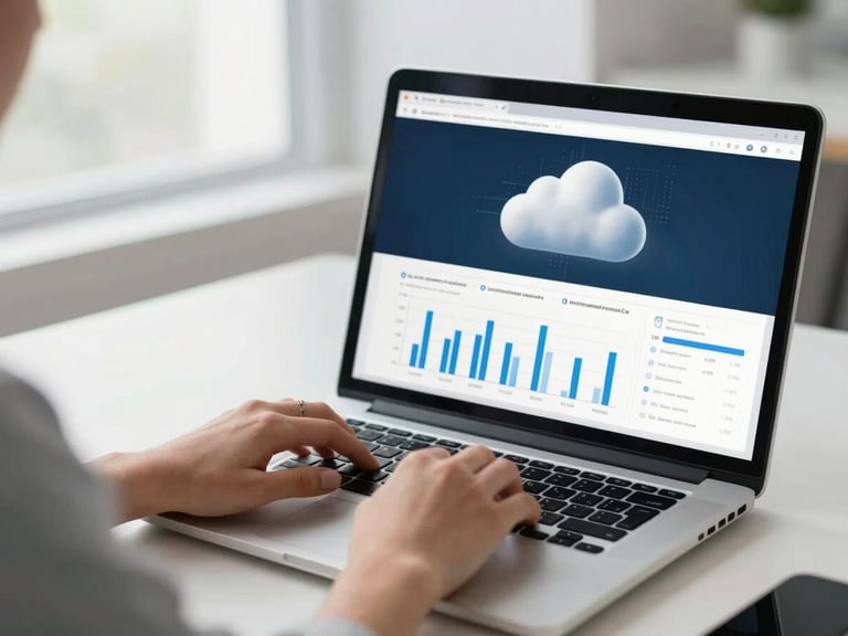 Hands typing on a laptop keyboard beside a monitor showing a cloud infrastructure dashboard with resource graphs, bright clean office light, over-the-shoulder framing