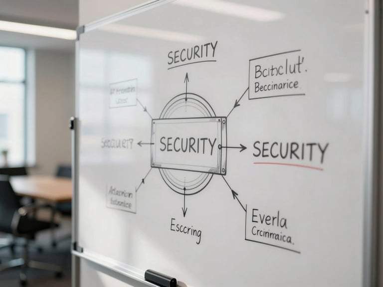 Close-up flat-lay of a security architecture diagram on a whiteboard, annotated with marker, sparse meeting room background, bright shadowless daylight from the left
