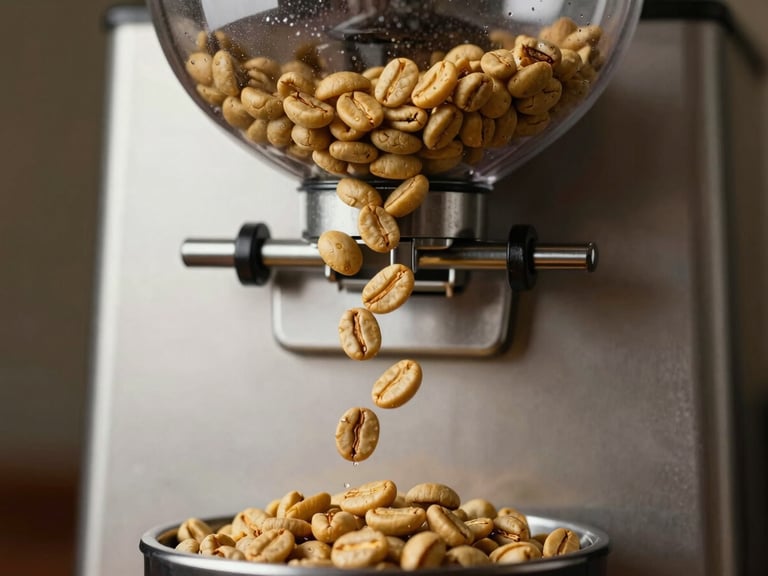 Macro close-up of golden coffee beans falling into a professional metallic vending machine grinder, warm lighting, sharp focus