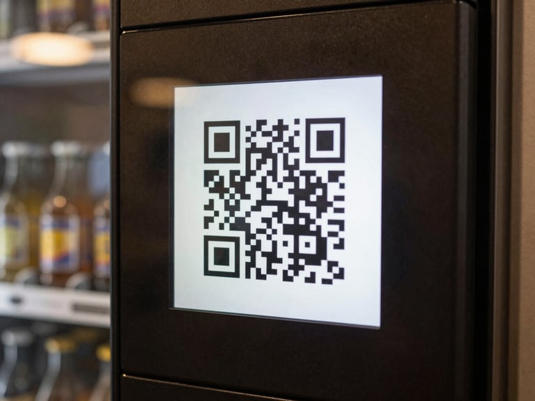 Close-up shot of a smartphone screen scanning a crisp QR code displayed on a modern matte black vending machine screen, warm amber lighting reflecting off the polished glass surface, professional corporate setting