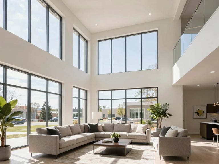 Bright architectural interior of a modern Salt Lake County living room, high ceilings, natural daylight streaming through large windows, clean minimalist aesthetic.