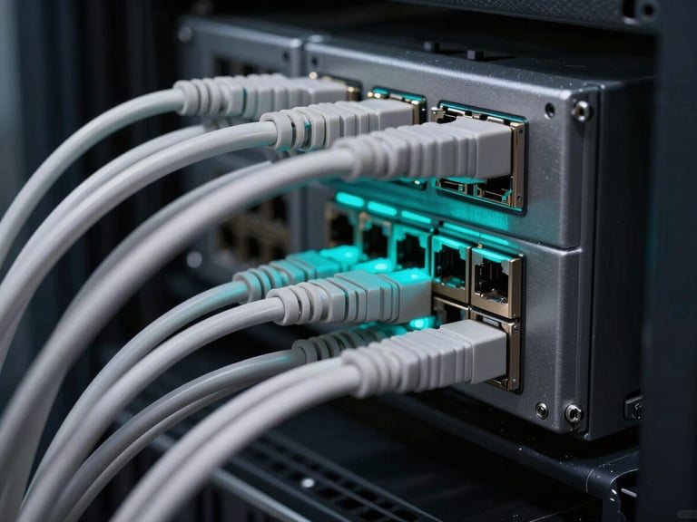 Extreme close-up of server rack patch panel with precision-routed fiber optic cables in tight organized bundles, electric cyan light bleed from active ports, deep shadow background, industrial engineering precision, no people, high-contrast monochromatic lighting