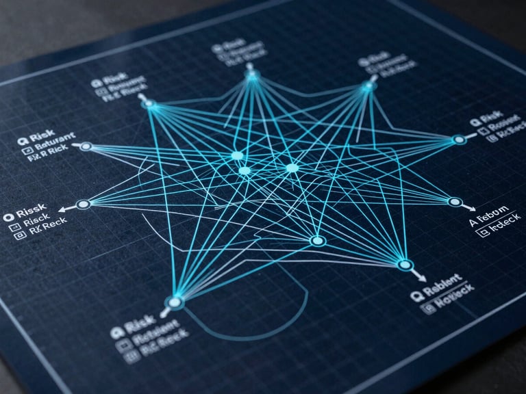 Close-up overhead schematic of a network dependency graph rendered as a technical blueprint, cyan trace lines on dark navy grid, annotated nodes with risk severity labels, high-contrast studio lighting, no people, precision drafting aesthetic